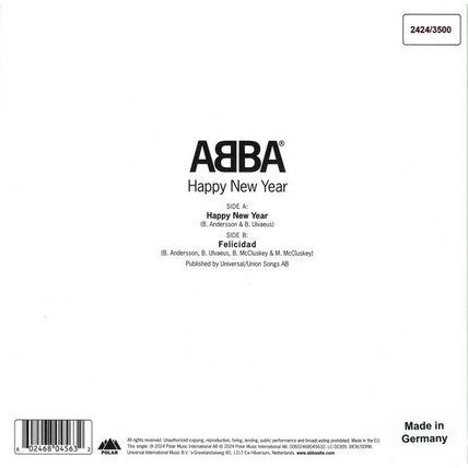 ABBA ~ HAPPY NEW YEAR 2025 ~ LIMITED EDITION WHITE COLOR VINYL 7" 45rpm NUMBERED