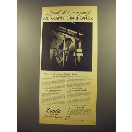 1945 Zonite Feminine Hygiene Ad - If only this young wife had known the truth