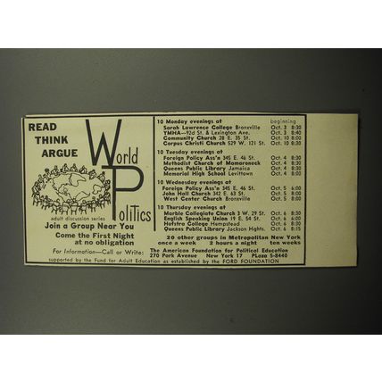 1955 Ford Foundation Adult Education World Politics Discussion Series Ad