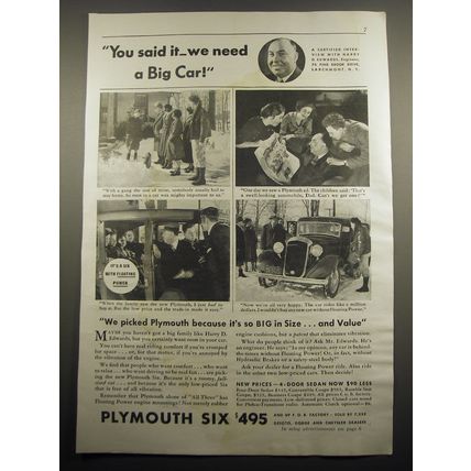 1933 Plymouth Six Car Ad - You said it - we need a big car