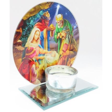 Nativity Scene Tea Light Holder Round Glass 12.5 Christmas Gift Holiday Home