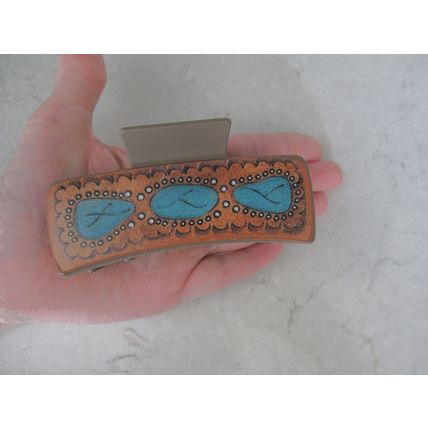 Long brown faux leather effect turquoise blue native tribal hair claw clip