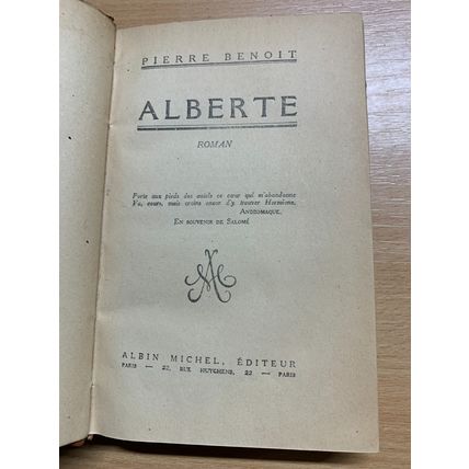 RARE* 1ST EDITION 1926 PIERRE BENOIT "ALBERTE" FRENCH FICTION BOOK (P3)