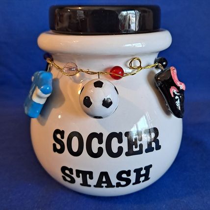 White Ceramic SOCCER STASH BANK Ball Savings Pot MONEY Jar CHARMS