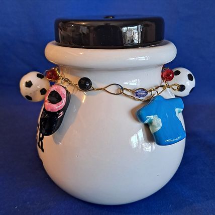 White Ceramic SOCCER STASH BANK Ball Savings Pot MONEY Jar CHARMS