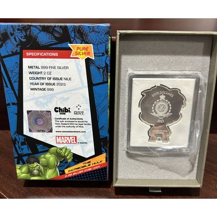 2 Oz Silver 2023 Niue Marvel The Incredible Hulk $5 Colorized Chibi Coin