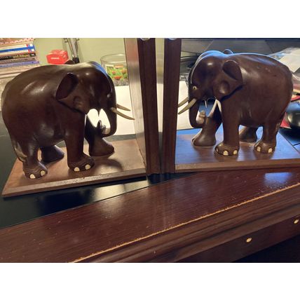 Carved Wood Elephant Bookends with Tusks
