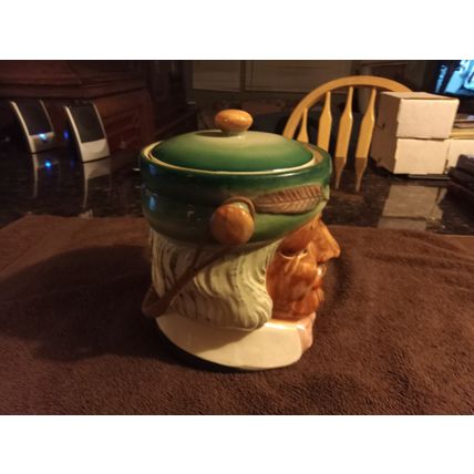 Old Vintage Cookie Jar Colonial Head Jar W/Basket Handle 7" Tall 1950s