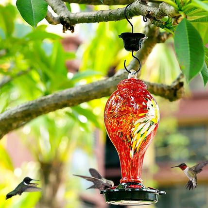LUJII Hummingbird Feeders for Outdoors, Hand Blown Glass, Never Fade, 36 Fluid O