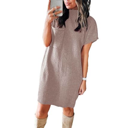 Simply Taupe Patch Pocket Ribbed Knit Short Sleeve Sweater Dress