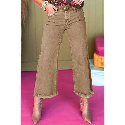 Light French Beige Acid Washed High Rise Cropped Wide Leg Jeans