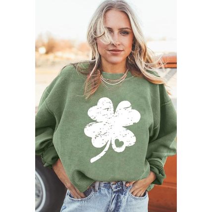 Grass Green Distressed Clover Print St Patricks Corded Sweatshirt