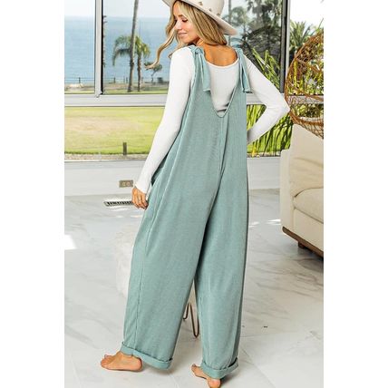 Moonlight Jade Corded Tie Straps V Neck Wide Leg Jumpsuit