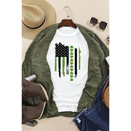 White St. Patricks Clover American Flag Print Crewneck Tee