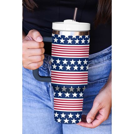 Bluing Stars and Stripes Print Handled Thermos Cup 40oz