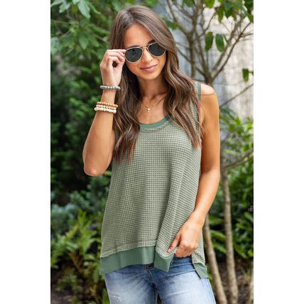 Sea Green Scoop Neck Waffle Knit Flowy Vest
