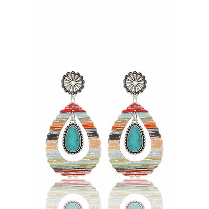 Red Hollowed Waterdrop Shape Leather Turquoise Earrings