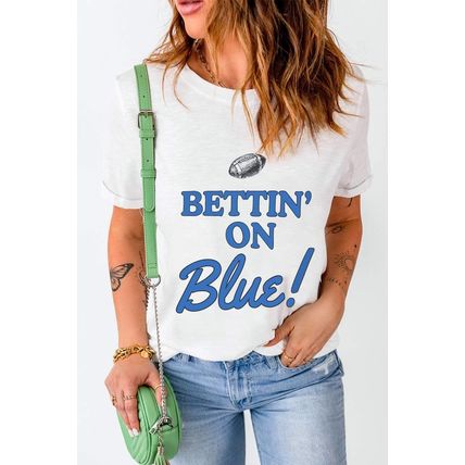 White Rugby Football BETTIN ON Blue Graphic Crewneck T Shirt