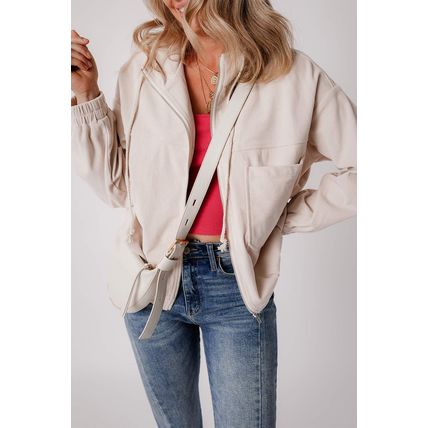 White Corduroy Drawstring Hooded Pocket Zip Up Jacket