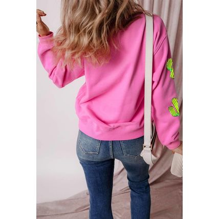 Bonbon Sequined Cactus Pattern Crewneck Pullover Sweatshirt