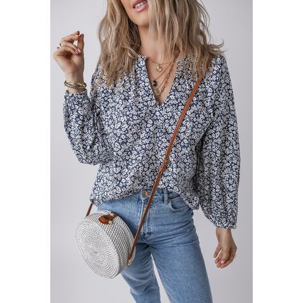 Blue Floral Print Notched V Neck Puff Sleeve Blouse