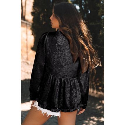 Black Metallic Frilled V Neck Puff Sleeve Babydoll Blouse