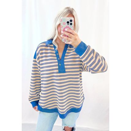 Blue Stripe Buttoned V Neck Collared Drop Shoulder Top