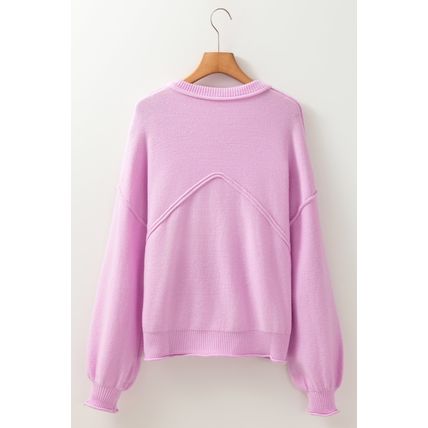 Pink Raw Edge Ribbed Detail Drop Shoulder Sweater