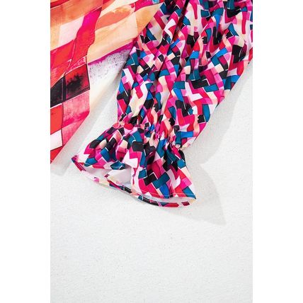 Rose Red Abstract Geometric Pattern Patchwork Puff Sleeve Blouse