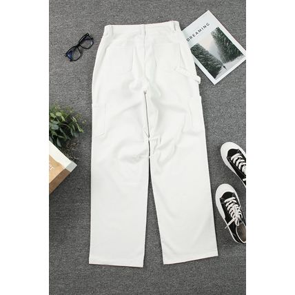 White High Waist Straight Leg Cargo Pants with Pockets