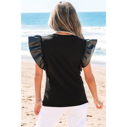 Black GAME DAY Checkered Letter Graphic Leatherette Ruffle Sleeve Top