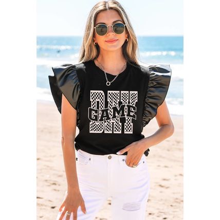 Black GAME DAY Checkered Letter Graphic Leatherette Ruffle Sleeve Top