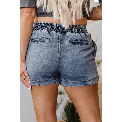 Dusk Blue Drawstring High Waist Pocketed Denim Shorts