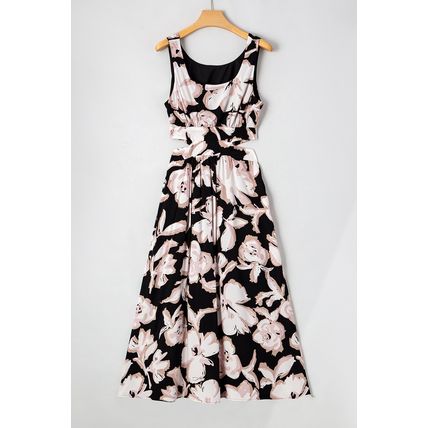 Black Floral Cutout Square Neck Knot Back Sleeveless Maxi Dress