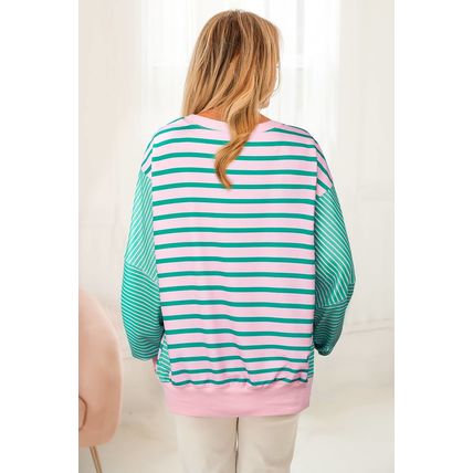 Green Stripe Mix Pattern Color Block Patchwork Side Slit Baggy Sweatshirt