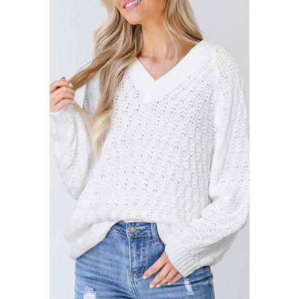 White Textured Knit Ribbed Edge V Neck Loose Sweater