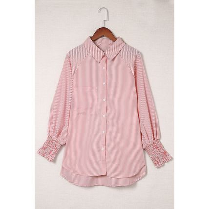 Red Stripe Smocked Cuffed Striped Boyfriend Shirt with Pocket