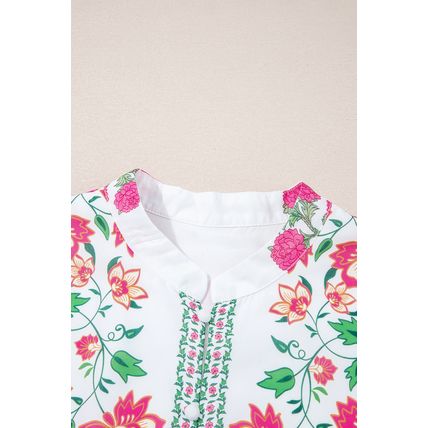 White Floral Print Half Button Mandarin Neck 3/4 Sleeve Maxi Dress