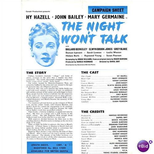 THE NIGHT WON'T TALK Hy Hazell, Mary Germaine , John Bailey Press Sheet