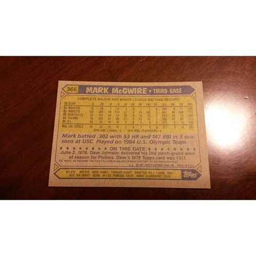 1987 Topps Card # 366 Mark McGwire Near Mint-Mint (8) Athletics