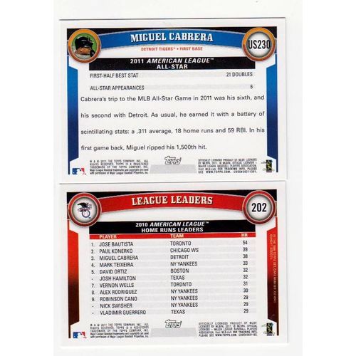 Lot of Two 2011 Topps Miguel Cabrera cards- #202, #US230