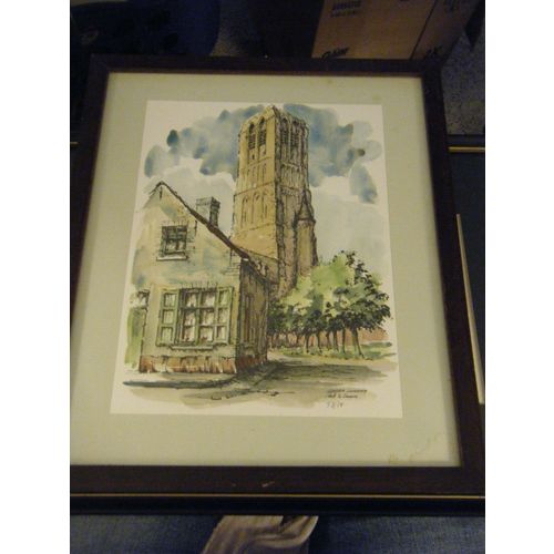 Orginal Framed Watercolor Print "kerk te Damme" by Ghislain Swimberghe #58/75