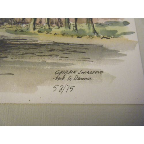 Orginal Framed Watercolor Print "kerk te Damme" by Ghislain Swimberghe #58/75