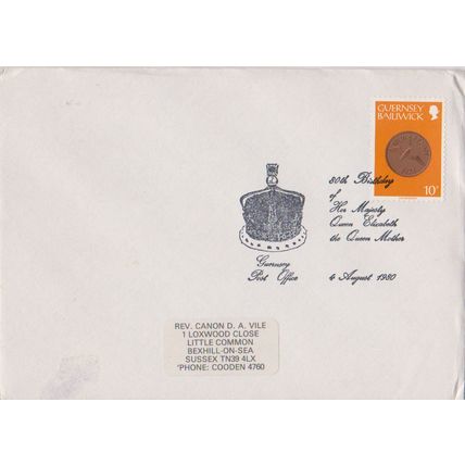 Guernsey 1980 special cover 80th Birthday of Queen Mother with special frankings