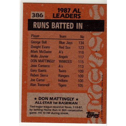 1988 Topps Don Mattingly baseball card #386 – All Star