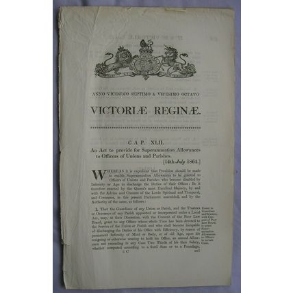 1864 Act of Parliament: superannuation allowance Unions