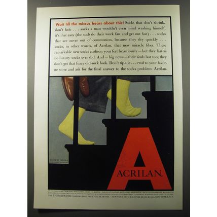 1953 Acrilan Socks Ad - Wait till the missus hears about this!
