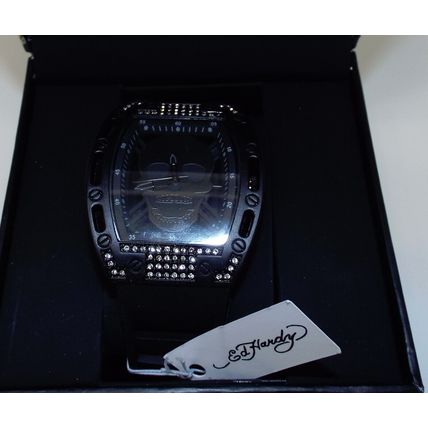 New Mens Ed Hardy Men's Skull Bling Black Silicone Watch 30mm MSRP$95