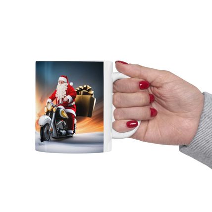 Here Comes Motorcycling Santa Bringing Gifts 11 oz Ceramic Mug Package Delivery