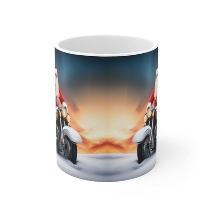 Here Comes Motorcycling Santa Bringing Gifts 11 oz Ceramic Mug Package Delivery